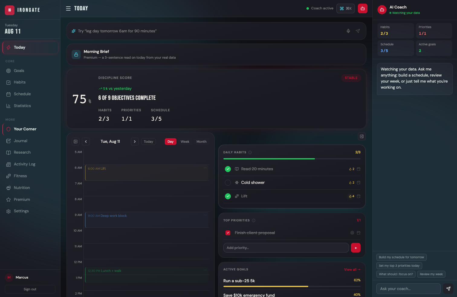 Today screen: an AI-built schedule with open hours visible