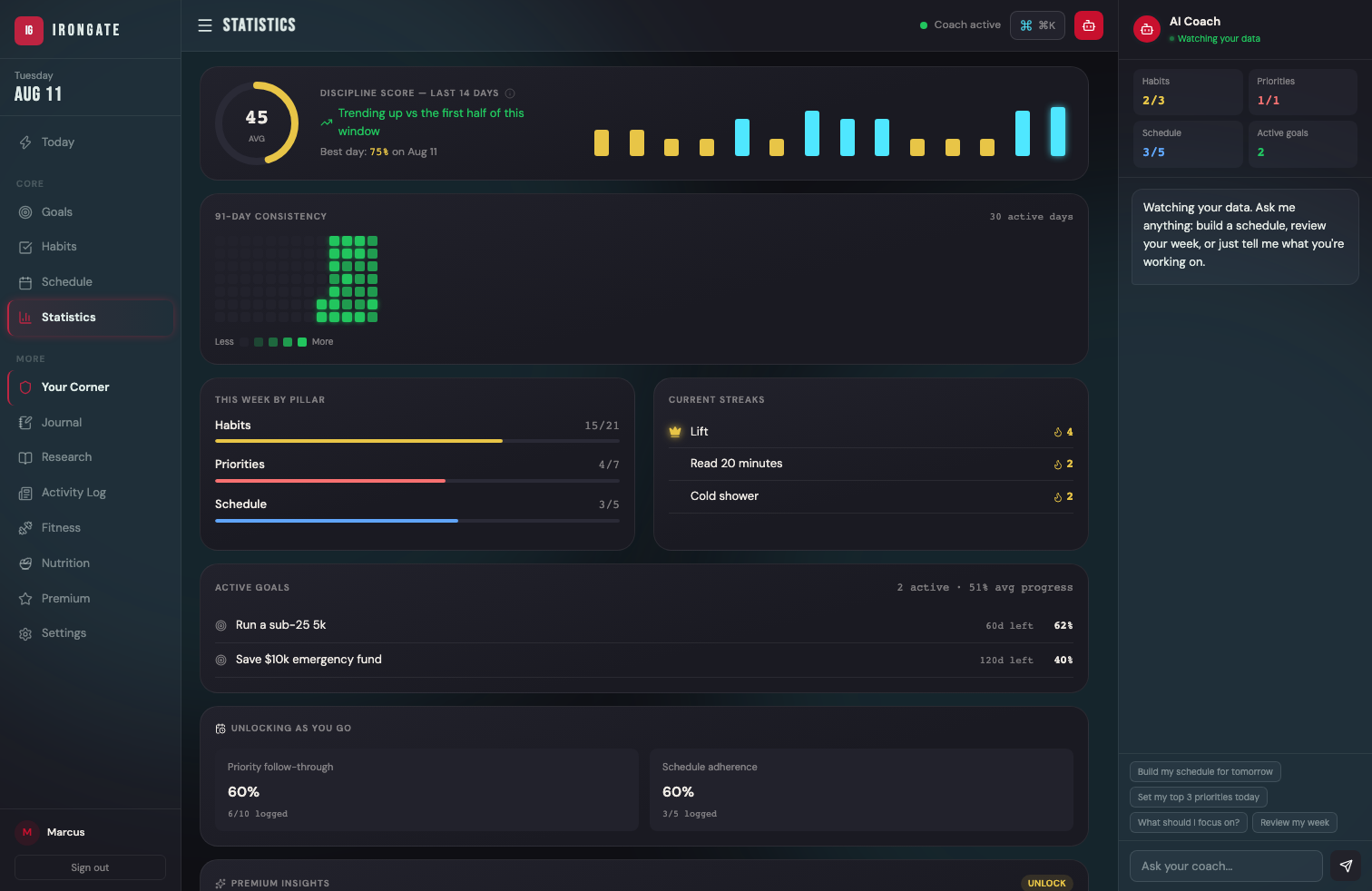 Statistics screen: Irongate Score, streaks, and consistency charts